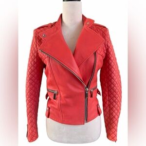 Barbara Bui RARE Coral Lambskin Leather Quilted Sleeves Moto Jacket